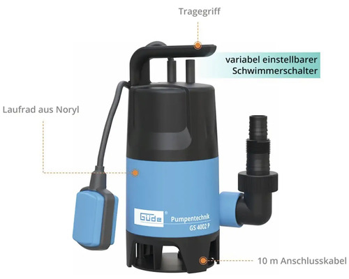 Ponorné čerpadlo s rukoväťou, nastaviteľným plavákovým spínačom, obežným kolesom Noryl a desaťmetrovým pripojovacím káblom