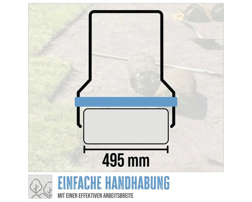 Ilustrácia kosačky na trávu s uvedenou šírkou záberu 495 mm.