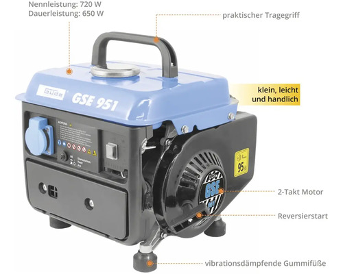 Generátor prúdu Güde GSE 951 s dvojtaktným motorom, držadlom a antivibračnými gumovými nožičkami