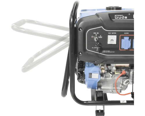 Detailný pohľad na generátor prúdu Güde s ovládacími prvkami a rámom