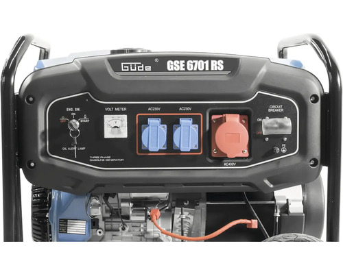 Elektrocentrála Güde GSE 6701 RS s voltmetrom, zásuvkami pre 230 V a 400 V a spínačom motora