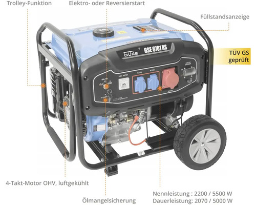 Generátor Güde s funkciou vozíka, elektrickým štartom, reverzným štartom, ukazovateľom hladiny a pečaťou TÜV GS.