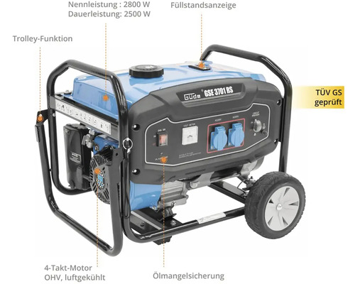Elektrocentrála s funkciou vozíka, menovitý výkon 2800 W, trvalý výkon 2500 W, štvortaktný motor, ukazovateľ hladiny oleja, ochrana proti nedostatku oleja a certifikácia TÜV GS