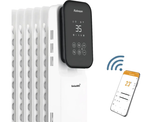 Biely olejový radiátor s digitálnym ovládacím panelom a ovládaním pomocou inteligentného telefónu