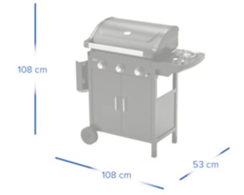 Plynový gril s výškou 108 cm, šírkou 108 cm a hĺbkou 53 cm.