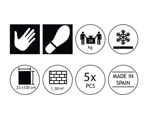 Symbolický obrázok: Ruka, stopa, hmotnosť, mrazuvzdornosť, rozmer 23 x 120 cm, plocha 1,38 m², 5 kusov, vyrobené v Španielsku