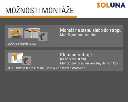 Možnosti montáže Soluna na stenu a strop, upevnenie pomocou skrutiek alebo univerzálnych nosníkov