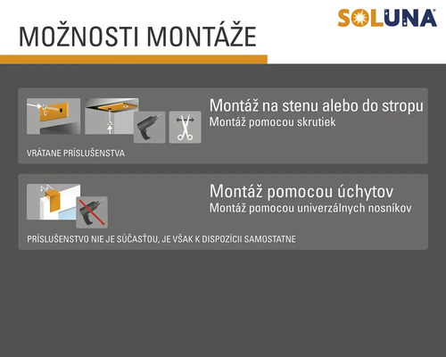 Možnosti montáže pre produkty Soluna: Montáž na stenu alebo strop pomocou skrutiek, montáž pomocou držiakov a univerzálnych nosníkov