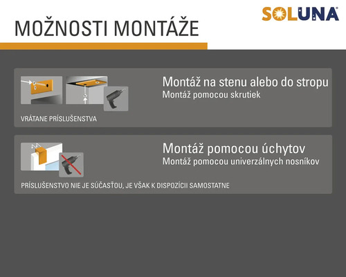 Možnosti montáže Soluna pre montáž na stenu alebo strop pomocou skrutiek alebo držiakov s univerzálnymi nosníkmi.