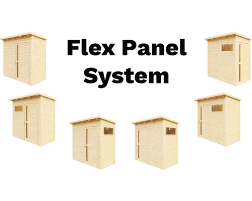 Flex Panel System záhradný domček z dreva, rôzne pohľady