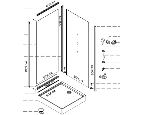 Rozkreslený nákres sprchovacieho kúta so sprchovacou vaničkou a príslušenstvom.