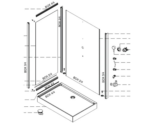 Rozkreslený nákres sprchovacieho kúta so sprchovacou vaničkou a príslušenstvom