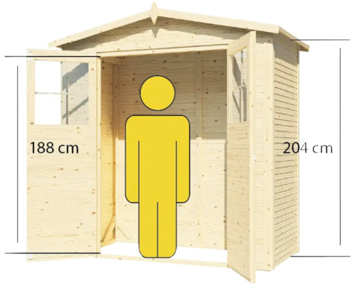Obrázok dreveného záhradného domčeka s otvorenými dverami a uvedenými rozmermi