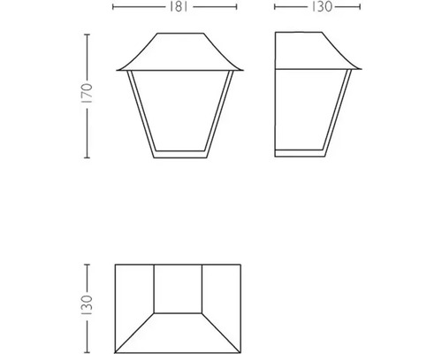 Technický nákres vonkajšieho svietidla s rozmermi