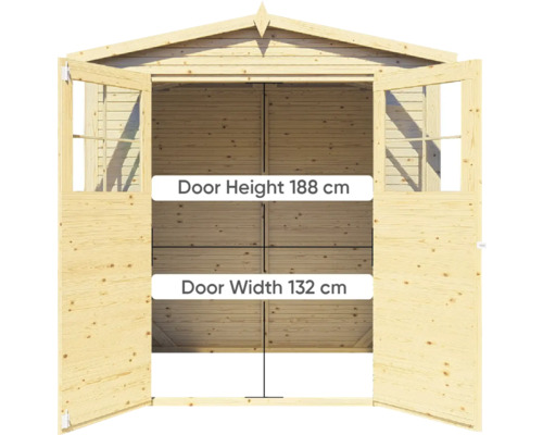 Drevený záhradný domček s otvorenými dvojkrídlovými dverami, výška dverí 188 centimetrov, šírka dverí 132 centimetrov