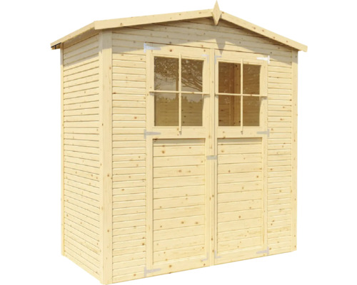 Drevený záhradný domček s dvojkrídlovými dverami a oknami