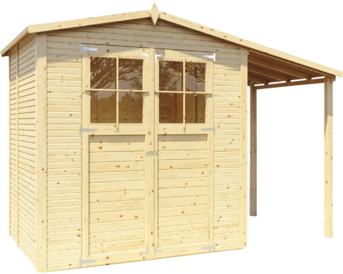 Drevený záhradný domček s dvojkrídlovými dverami a markízou