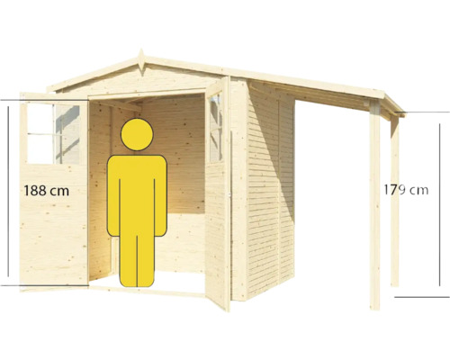 Rozmery dreveného záhradného domčeka s výškou dverí 188 centimetrov a výškou striešky 179 centimetrov