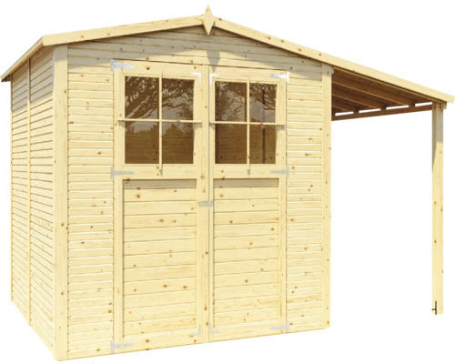 Záhradná chatka z dreva s dvojkrídlovými dverami a markízou
