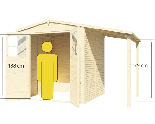 Obrázok dreveného záhradného domčeka s otvorenými dverami a bočnou markízou, s uvedením veľkosti