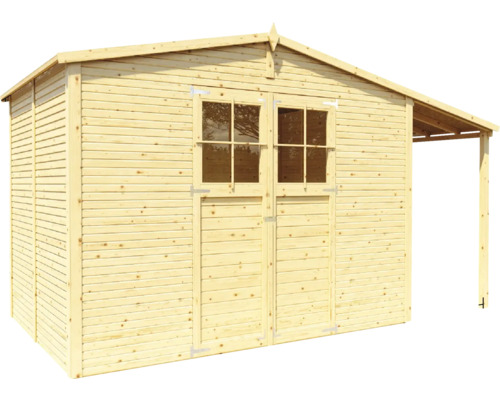 Drevený záhradný domček s dvojkrídlovými dverami a strieškou