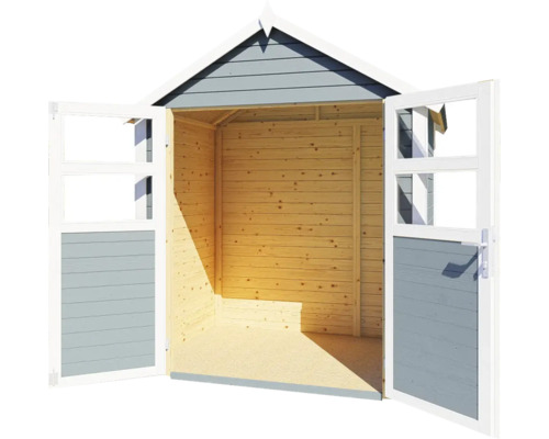 Otvorený drevený záhradný domček s dvojkrídlovými dverami