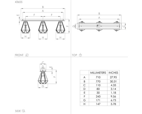 Technický nákres stropného svietidla s rozmermi