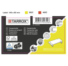 Štítok transportného vozíka Tarrox s technickými detailmi a certifikáciami
