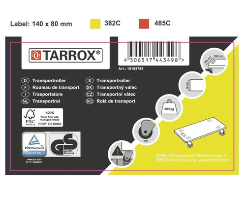 Štítok transportného vozíka Tarrox s technickými detailmi a certifikáciami