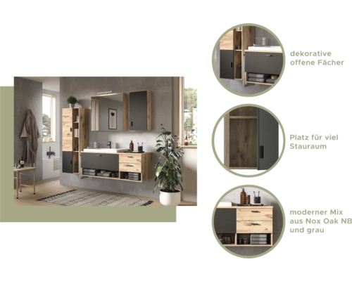 Kúpeľňa s umývadlom, zrkadlovou skrinkou a vysokou skriňou vo vzhľade dreva a sivej farby