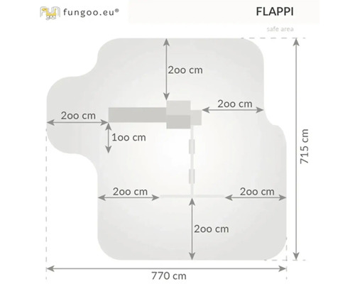Rozmery ihriska Flappi: šírka 770 cm, výška 715 cm, hĺbka 200 cm