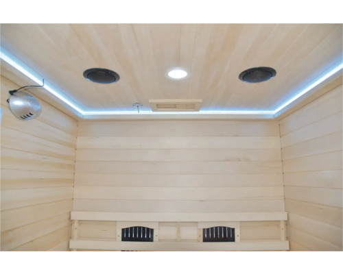 Vnútorný pohľad na saunu s dreveným obkladom, osvetlením a reproduktormi.