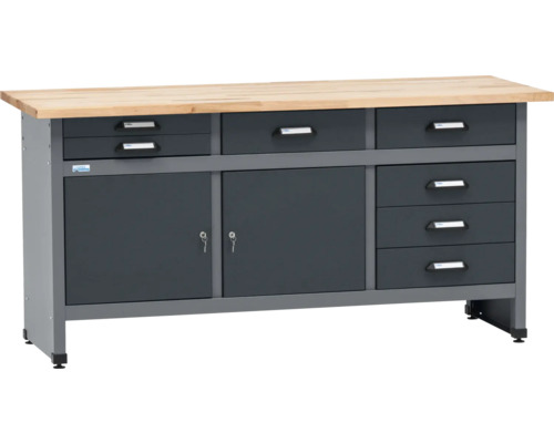 Pracovný stôl s drevenou doskou, zásuvkami a skrinkami