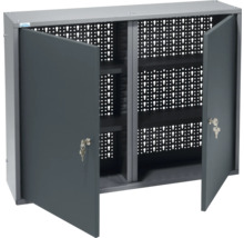 Skrinka na náradie s dvomi otvorenými dverami a dierovanou stenou