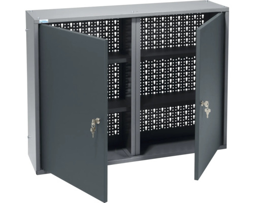 Skrinka na náradie s dvomi otvorenými dverami a dierovanou stenou