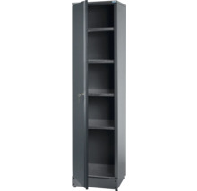 Kovová skriňa s otvorenými dverami a policami