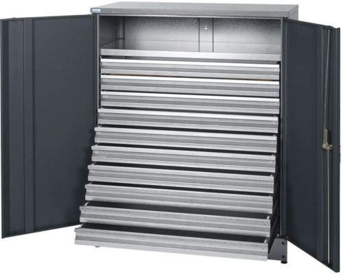 Sivá oceľová skriňa so zásuvkami do dielne