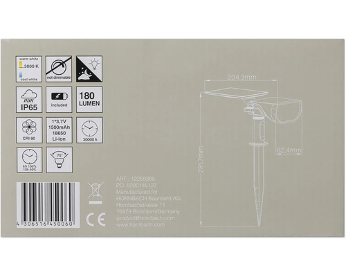 Informácie o solárnom svietidle s technickými detailmi a symbolmi