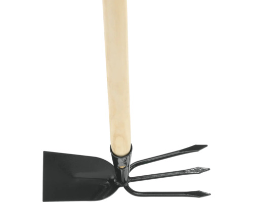 Kombinovaná motyka s drevenou násadou na záhradné práce