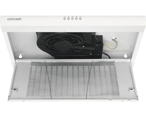 Vnútorný pohľad na biely digestor s kovovým tukovým filtrom a ventilátorom