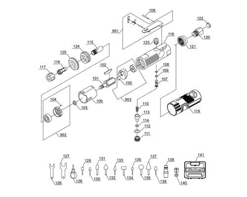 Rozkreslený nákres nástroja Einhell s rôznym príslušenstvom a komponentmi.