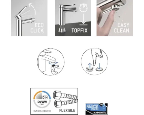 Vlastnosti vodovodnej batérie: Funkcia Eco Click, systém Topfix, jednoduché čistenie, flexibilné hadice, certifikácia DIN DVGW a vnútorný mechanizmus Kerox, vyrobené v EÚ.