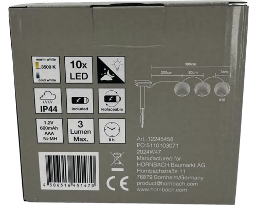 Balenie LED solárnej svetelnej reťaze s technickými detailmi