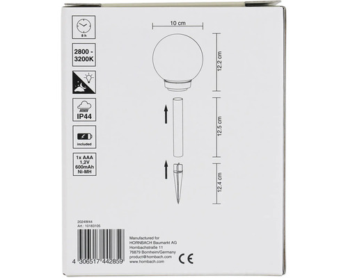 Balenie záhradnej lampy so zemným hrotom a informáciami o dobe svietenia, teplote farieb a stupni krytia