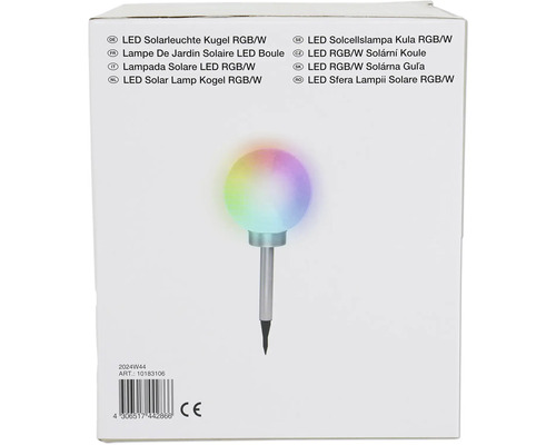 LED solárna guľa RGB/biela v obale produktu