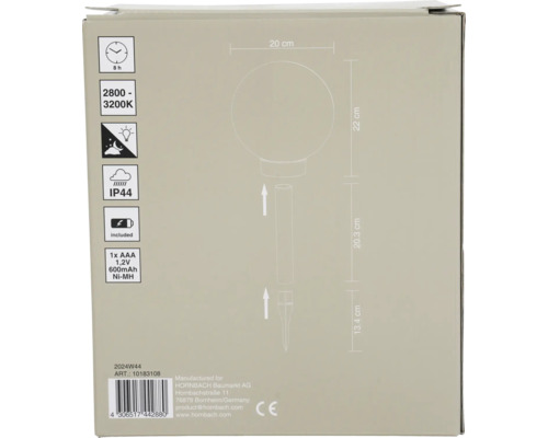 Balenie záhradnej lampy s detailmi produktu a technickými informáciami.