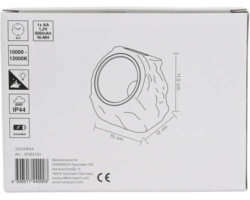 Potlač obalu záhradnej lampy s osemhodinovou dobou svietenia, stupňom krytia IP44 a vrátane batérie.
