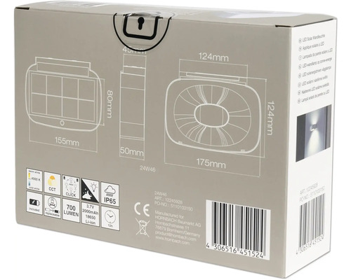 Balenie solárneho LED nástenného svietidla s technickými detailmi a rozmermi