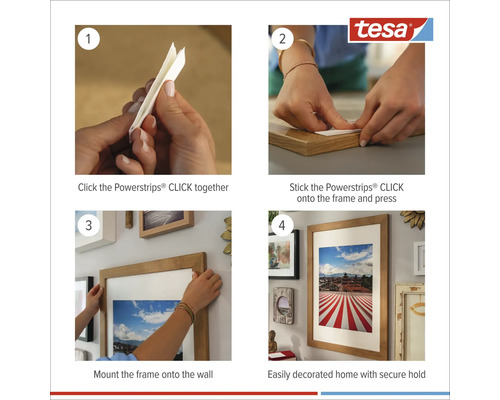 Návod na použitie Tesa Powerstrips na zavesenie fotorámikov na stenu