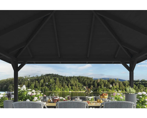 Scéna pod altánkom s prestretým stolom a výhľadom na jazero